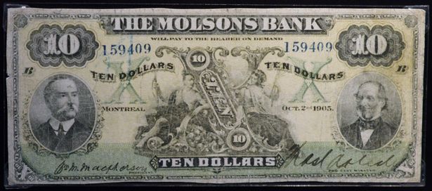 ورقة نقدية قديمة من فئة عشرة دولارات أصدرها بنك مولسونز الكندي عام 1905 (تصوير: Wilfredor / ويكيميديا كومنز، CC0)