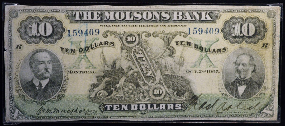 ورقة نقدية قديمة من فئة عشرة دولارات أصدرها بنك مولسونز الكندي عام 1905 (تصوير: Wilfredor / ويكيميديا كومنز، CC0)