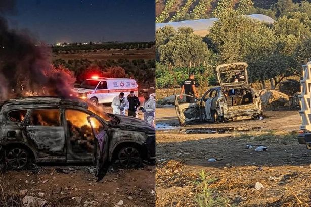 من موقع الحدث قرب باقة الغربية - صورة المركبة المشتعلة التي عثر على 3 ضحايا بداخلها