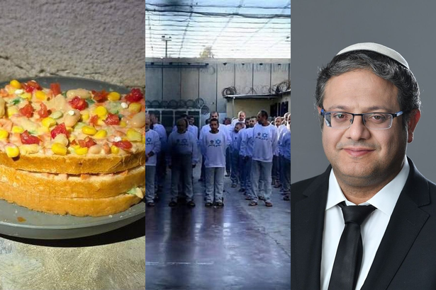 على اليمين بن غفير
في المنتصف صورة للأسرى
على اليسار الكعكة التي عوقب الأسرى بسببها