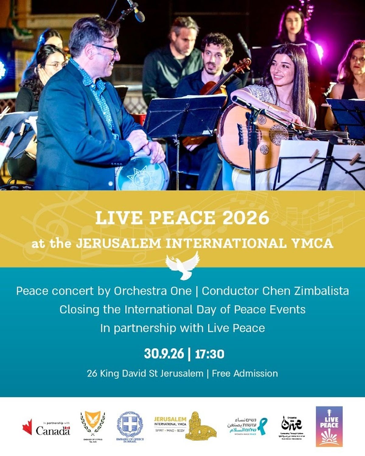 ملصق حفل "Live Peace 2026" بمشاركة أوركسترا One في جمعية الشبان المسيحية الدولية بالقدس.
المصدر: الصفحة الرسمية لـ Live Peace 