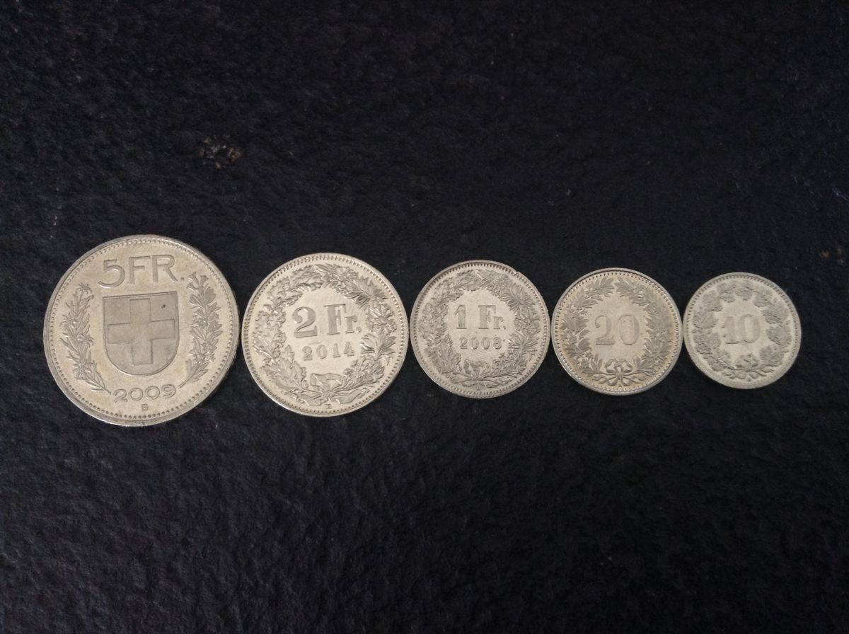 قطع نقدية سويسرية من فئات مختلفة (تصوير: Exploratorium efimeros / ويكيميديا كومنز، CC BY-SA 4.0)