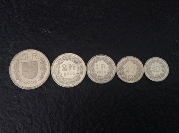 قطع نقدية سويسرية من فئات مختلفة (تصوير: Exploratorium efimeros / ويكيميديا كومنز، CC BY-SA 4.0)